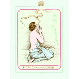 Affiche parfum Rigaud 16 Rue de la Paix Paris femme nue de dos flacon fumée dorée Un air embaumé