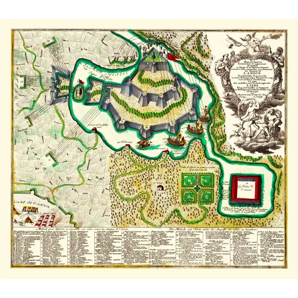 Carte allégorique XVIIIe Amour forteresse bastionnée siège Seutter Augsbourg Palais de l'Amour légendes françaises Carte allégorique XVIIIe Amour forteresse bastionnée siège Seutter Augsbourg Palais de l'Amour légendes françaises