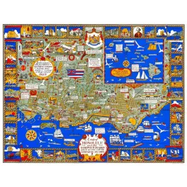 Carte illustrée pictorial map Honolulu îles Hawaï Sandwich Islands histoire monuments vignettes fond bleu