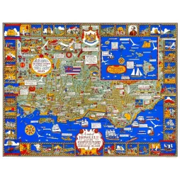Carte illustrée pictorial map Honolulu îles Hawaï Sandwich Islands histoire monuments vignettes fond bleu
