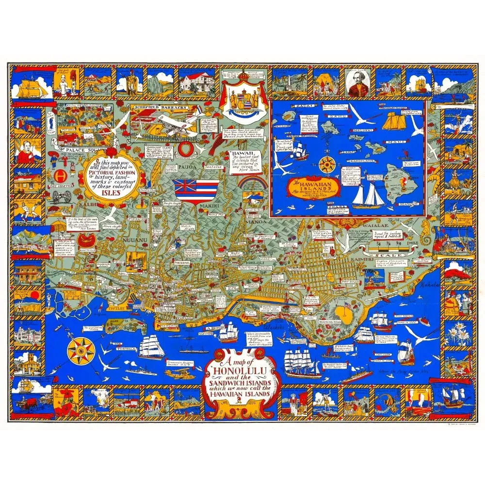 Carte illustrée pictorial map Honolulu îles Hawaï Sandwich Islands histoire monuments vignettes fond bleu