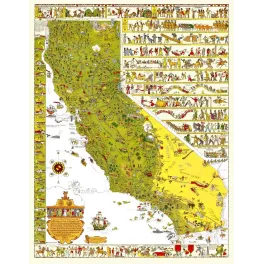 Carte illustrée humoristique Californie missions ruée or pionniers Indiens Camino Real désert Mojave