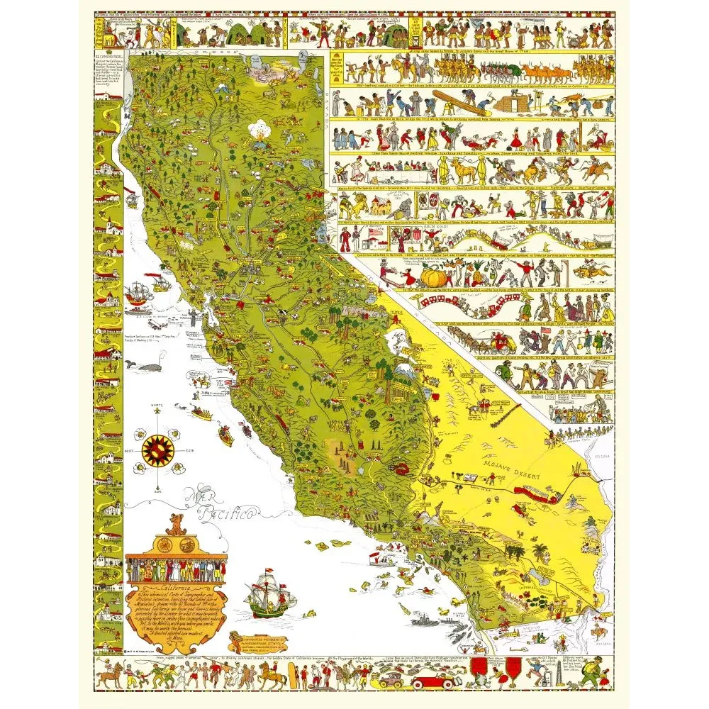Carte illustrée humoristique Californie missions ruée or pionniers Indiens Camino Real désert Mojave