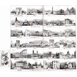Planche lithographiée 24 monuments Paris alphabet Arc Triomphe Bourse Notre-Dame Louvre Madeleine XIXe grisaille