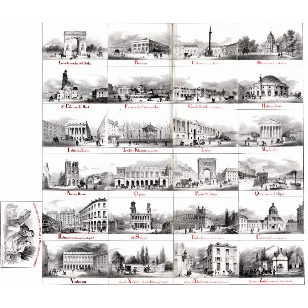 Planche lithographiée 24 monuments Paris alphabet Arc Triomphe Bourse Notre-Dame Louvre Madeleine XIXe grisaille Planche lithographiée 24 monuments Paris alphabet Arc Triomphe Bourse Notre-Dame Louvre Madeleine XIXe grisaille