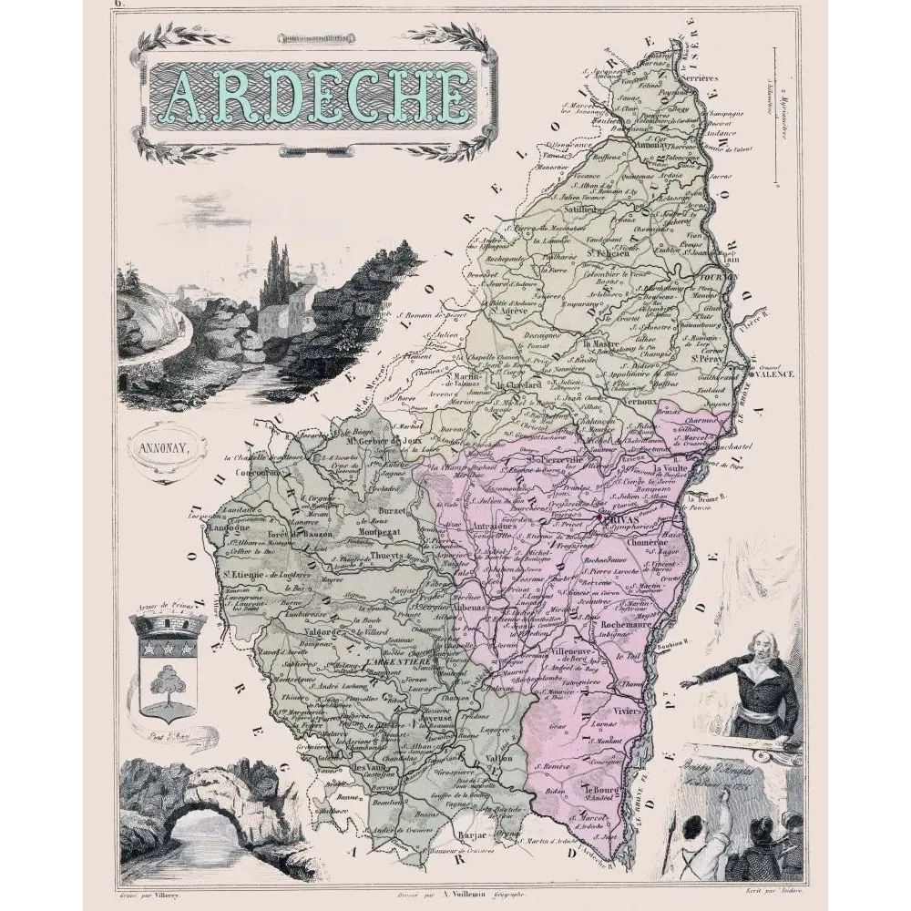 Carte département Ardèche Vuillemin géographe Villerey blason Privas Pont d'Arc communes XIXe Carte département Ardèche Vuillemin géographe Villerey blason Privas Pont d'Arc communes XIXe