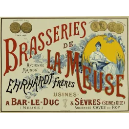 Affiche Brasseries de la Meuse Ehrhardt Frères Bar-le-Duc houblon médailles Paris 1889 Champenois