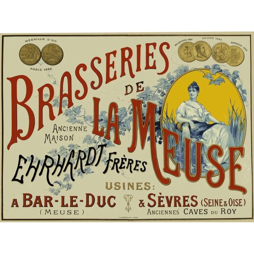 Affiche Brasseries de la Meuse Ehrhardt Frères Bar-le-Duc houblon médailles Paris 1889 Champenois Affiche Brasseries de la Meuse Ehrhardt Frères Bar-le-Duc houblon médailles Paris 1889 Champenois