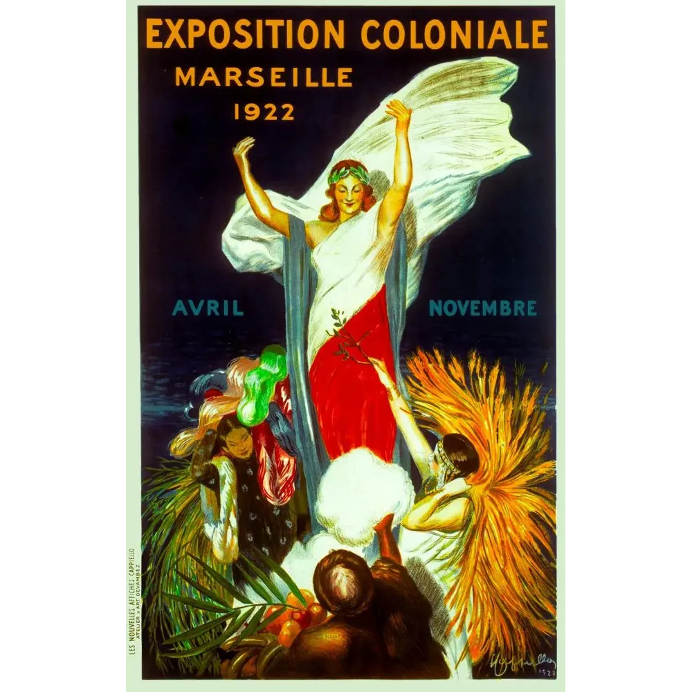 Affiche Exposition Coloniale Marseille 1922 Cappiello allégorie France colonies femmes costumes fond nocturne Affiche Exposition Coloniale Marseille 1922 Cappiello allégorie France colonies femmes costumes fond nocturne