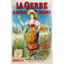 Affiche La Gerbe savon blanc Théophile Roux Marseille moissonneuse costume régional gerbe blé coquelicots