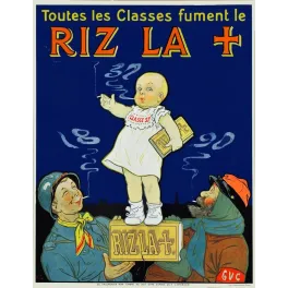 Affiche humoristique Riz La+ papier cigarettes bébé Classe 37 soldat civil fond bleu nuit signé GVC