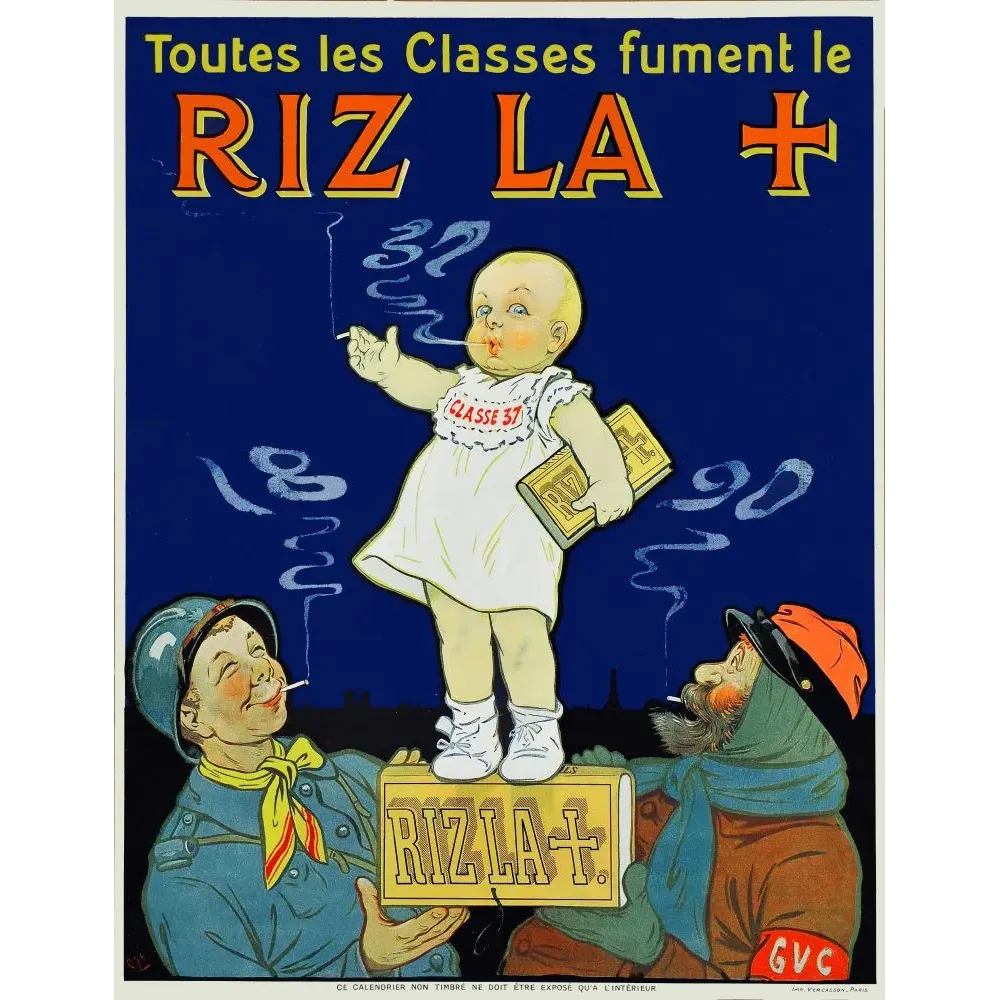 Affiche humoristique Riz La+ papier cigarettes bébé Classe 37 soldat civil fond bleu nuit signé GVC