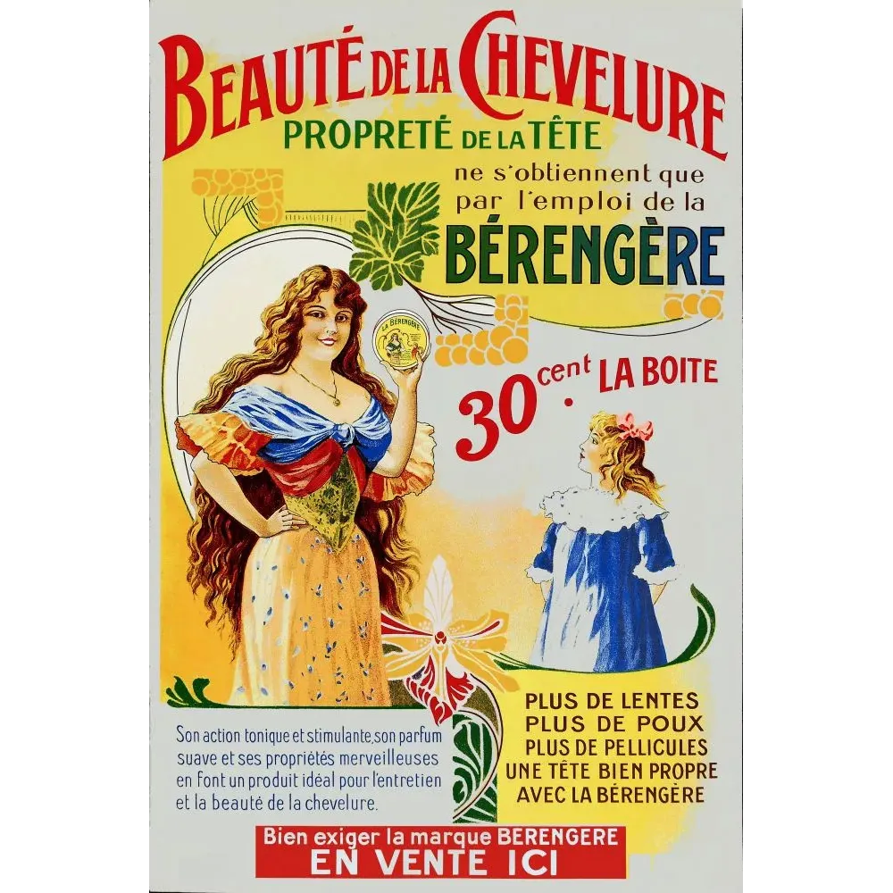Affiche Art Nouveau Bérengère lotion capillaire femme cheveux longs fillette blonde beauté tête Affiche Art Nouveau Bérengère lotion capillaire femme cheveux longs fillette blonde beauté tête