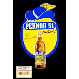 Affiche Pernod 51 Pastis N°1 Pernod Fils Pontarlier bouteille chapeau paille fond jaune bleu