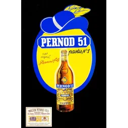 Affiche Pernod 51 Pastis N°1 Pernod Fils Pontarlier bouteille chapeau paille fond jaune bleu