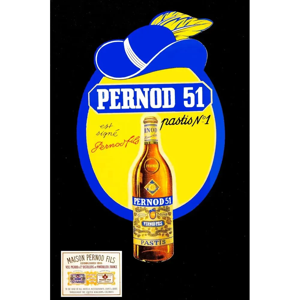 Affiche Pernod 51 Pastis N°1 Pernod Fils Pontarlier bouteille chapeau paille fond jaune bleu
