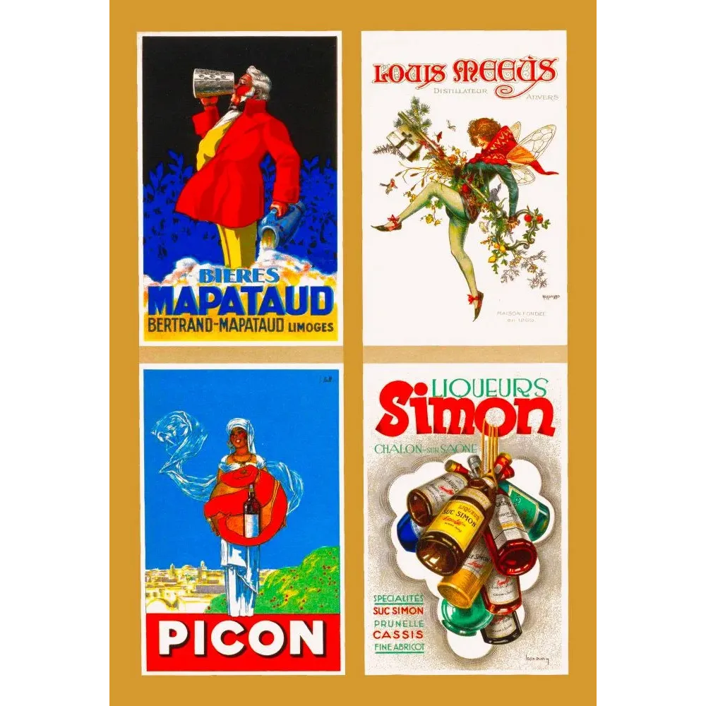 Planche 4 affiches boissons Mapataud Limoges Meeus Anvers Picon Simon Chalon-sur-Saône Art Déco