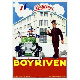 Affiche Art Déco Boyriven Paris 1931 automobile verte chauffeur portier uniforme immeuble moderniste
