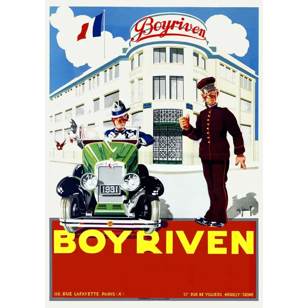 Affiche Art Déco Boyriven Paris 1931 automobile verte chauffeur portier uniforme immeuble moderniste