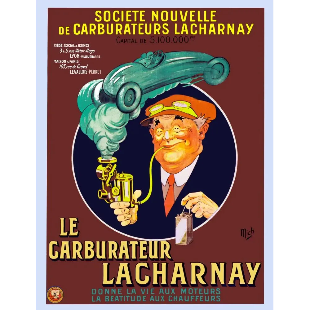 Affiche humoristique Carburateur Lacharnay Lyon chauffeur bienheureux casquette signé Mich auto de course Affiche humoristique Carburateur Lacharnay Lyon chauffeur bienheureux casquette signé Mich auto de course