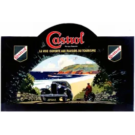 Affiche Castrol huile automobile moto tunnel route côtière plage falaises avion tourisme années 1930