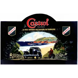 Affiche Castrol huile automobile moto tunnel route côtière plage falaises avion tourisme années 1930