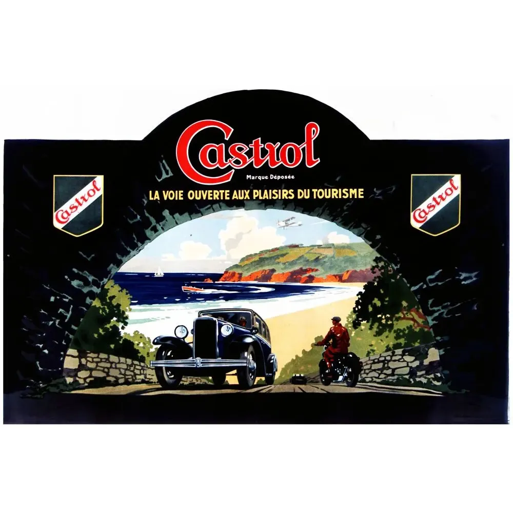 Affiche Castrol huile automobile moto tunnel route côtière plage falaises avion tourisme années 1930 Affiche Castrol huile automobile moto tunnel route côtière plage falaises avion tourisme années 1930