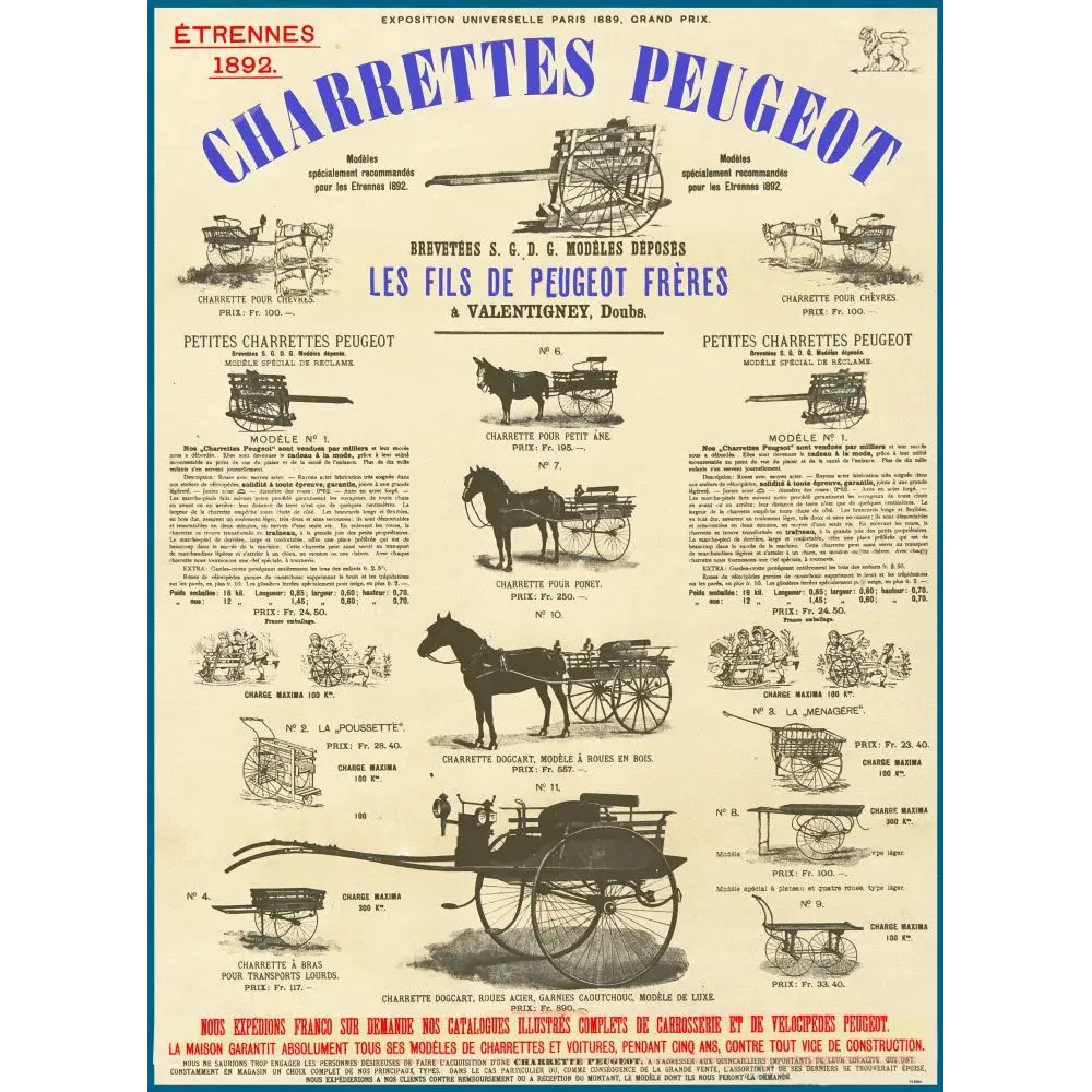 Catalogue illustré Charrettes Peugeot 1892 Fils Peugeot Frères Valentigney modèles prix Exposition Paris 1889 Catalogue illustré Charrettes Peugeot 1892 Fils Peugeot Frères Valentigney modèles prix Exposition Paris 1889