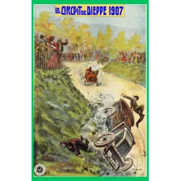 Illustration Circuit de Dieppe 1907 course automobile accident voiture renversée bolide rouge foule normande