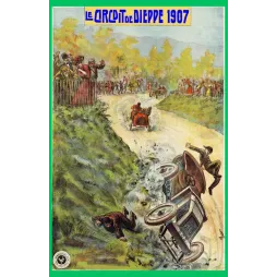 Illustration Circuit de Dieppe 1907 course automobile accident voiture renversée bolide rouge foule normande