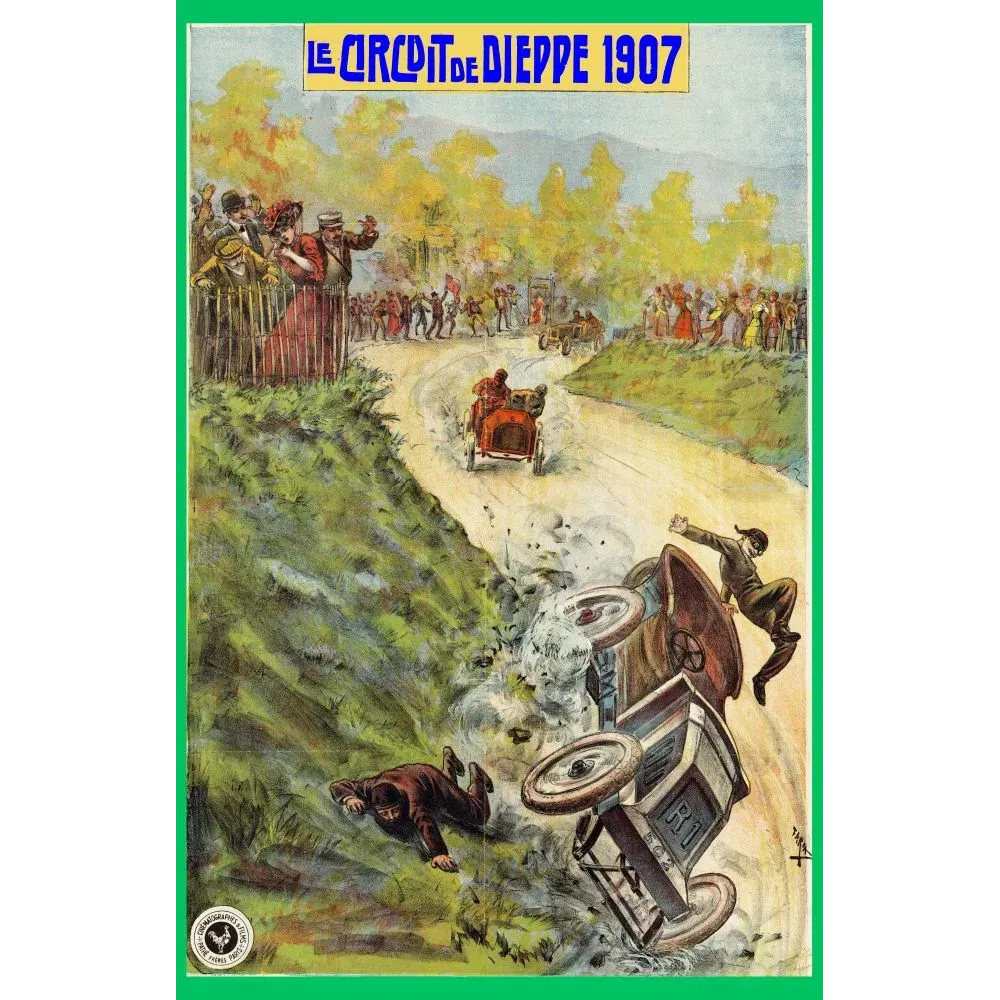 Illustration Circuit de Dieppe 1907 course automobile accident voiture renversée bolide rouge foule normande Illustration Circuit de Dieppe 1907 course automobile accident voiture renversée bolide rouge foule normande
