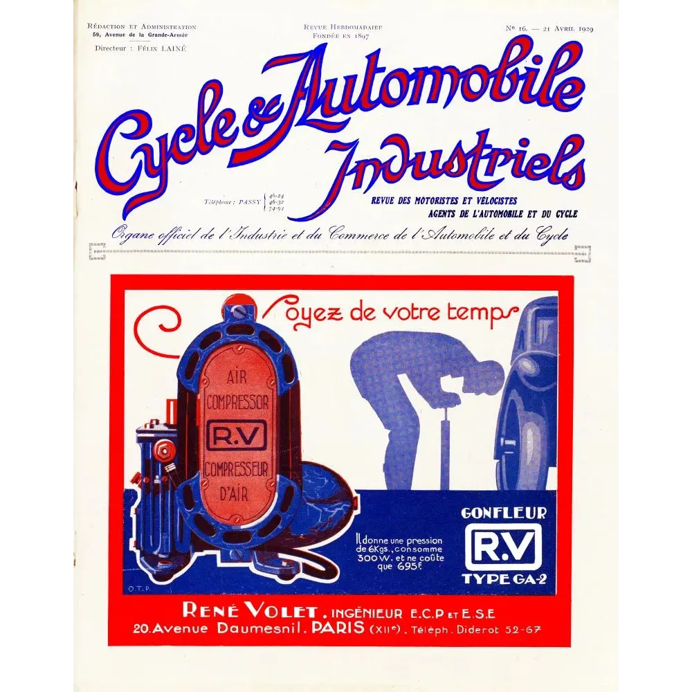 Couverture revue Cycle Automobile Industriels 21 avril 1929 Gonfleur RV Volet Art Déco compresseur pneu