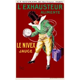 Affiche Leonetto Cappiello Exhausteur Nivex Jauge Weymann Paris personnage costume XVIIIe tuyaux bidons fond bordeaux