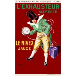 Affiche Leonetto Cappiello Exhausteur Nivex Jauge Weymann Paris personnage costume XVIIIe tuyaux bidons fond bordeaux