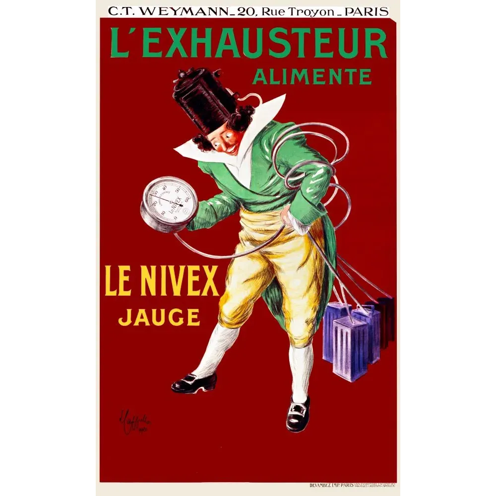 Affiche Leonetto Cappiello Exhausteur Nivex Jauge Weymann Paris personnage costume XVIIIe tuyaux bidons fond bordeaux