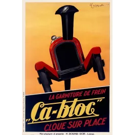 Affiche publicité frein Ça-Bloc 1931 Cobbello voiture Art Déco rouge noir klaxon Liège