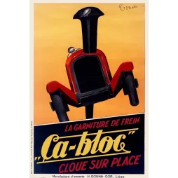 Affiche publicité frein Ça-Bloc 1931 Cobbello voiture Art Déco rouge noir klaxon Liège