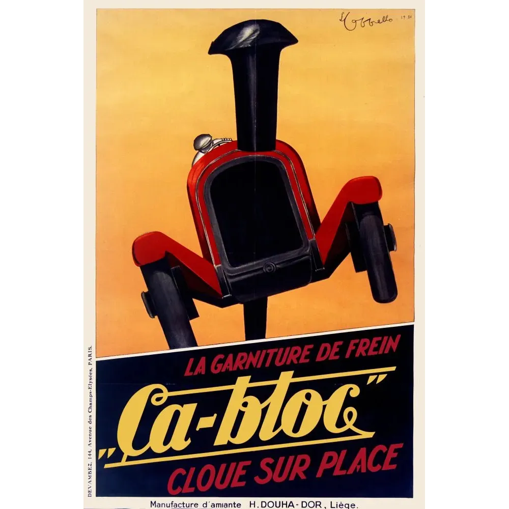 Affiche publicité frein Ça-Bloc 1931 Cobbello voiture Art Déco rouge noir klaxon Liège