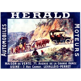 Affiche publicité Hérald Automobiles Moteurs Levallois-Perret voiture diligence montagne chevaux