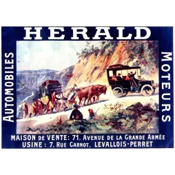 Affiche publicité Hérald Automobiles Moteurs Levallois-Perret voiture diligence montagne chevaux