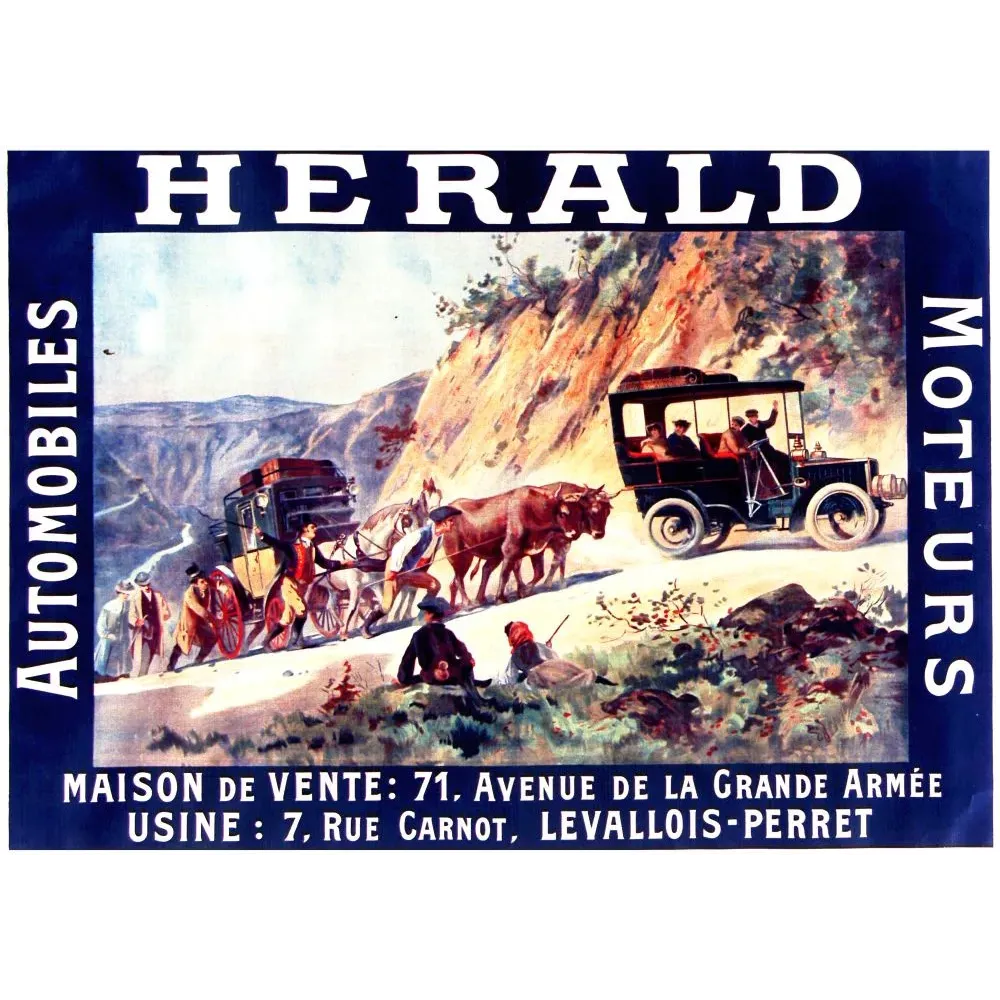 Affiche publicité Hérald Automobiles Moteurs Levallois-Perret voiture diligence montagne chevaux Affiche publicité Hérald Automobiles Moteurs Levallois-Perret voiture diligence montagne chevaux