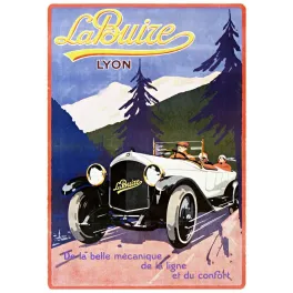 Affiche publicité automobile La Buize Lyon torpédo blanc montagne enneigée passagers Art Déco