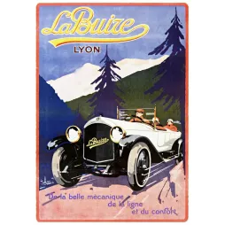 Affiche publicité automobile La Buize Lyon torpédo blanc montagne enneigée passagers Art Déco