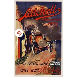 Affiche publicité Mitchell automobile Paris corniche mer passagers rochers dramatique début XXe