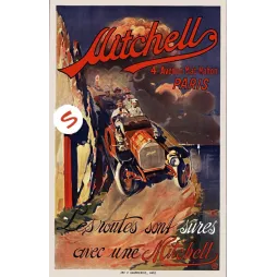 Affiche publicité Mitchell automobile Paris corniche mer passagers rochers dramatique début XXe