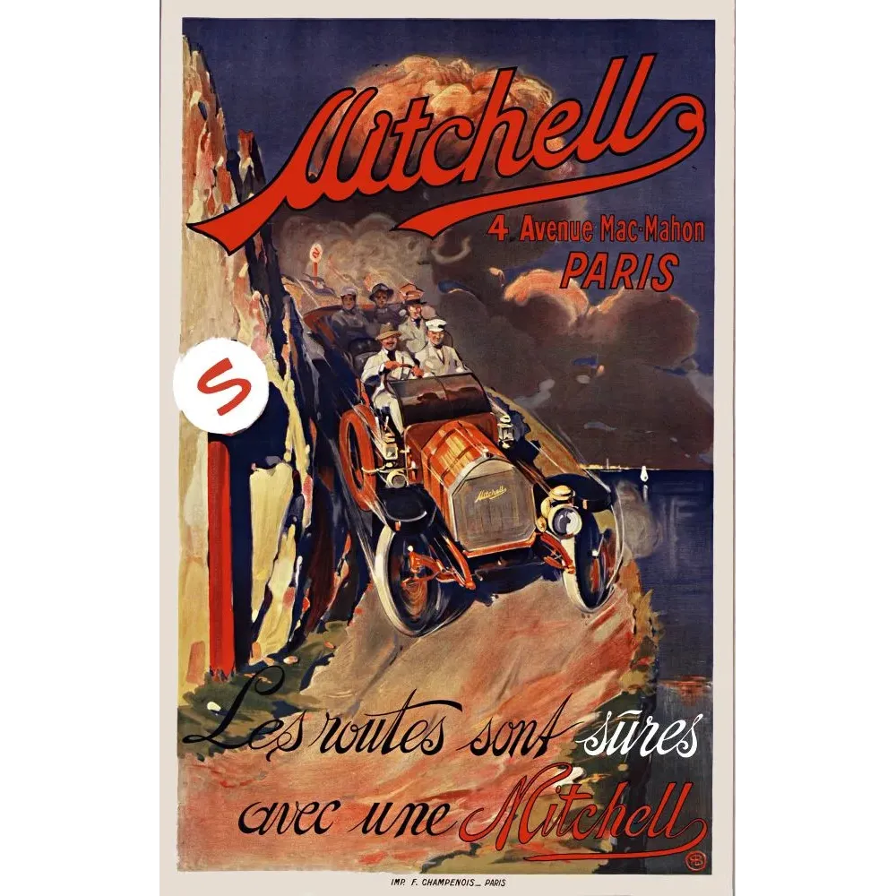 Affiche publicité Mitchell automobile Paris corniche mer passagers rochers dramatique début XXe Affiche publicité Mitchell automobile Paris corniche mer passagers rochers dramatique début XXe