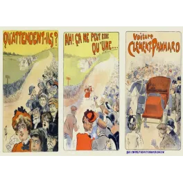 Affiche publicité Clément-Panhard triptyque foule route campagne arrivée automobile acclamations début XXe