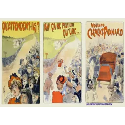 Affiche publicité Clément-Panhard triptyque foule route campagne arrivée automobile acclamations début XXe