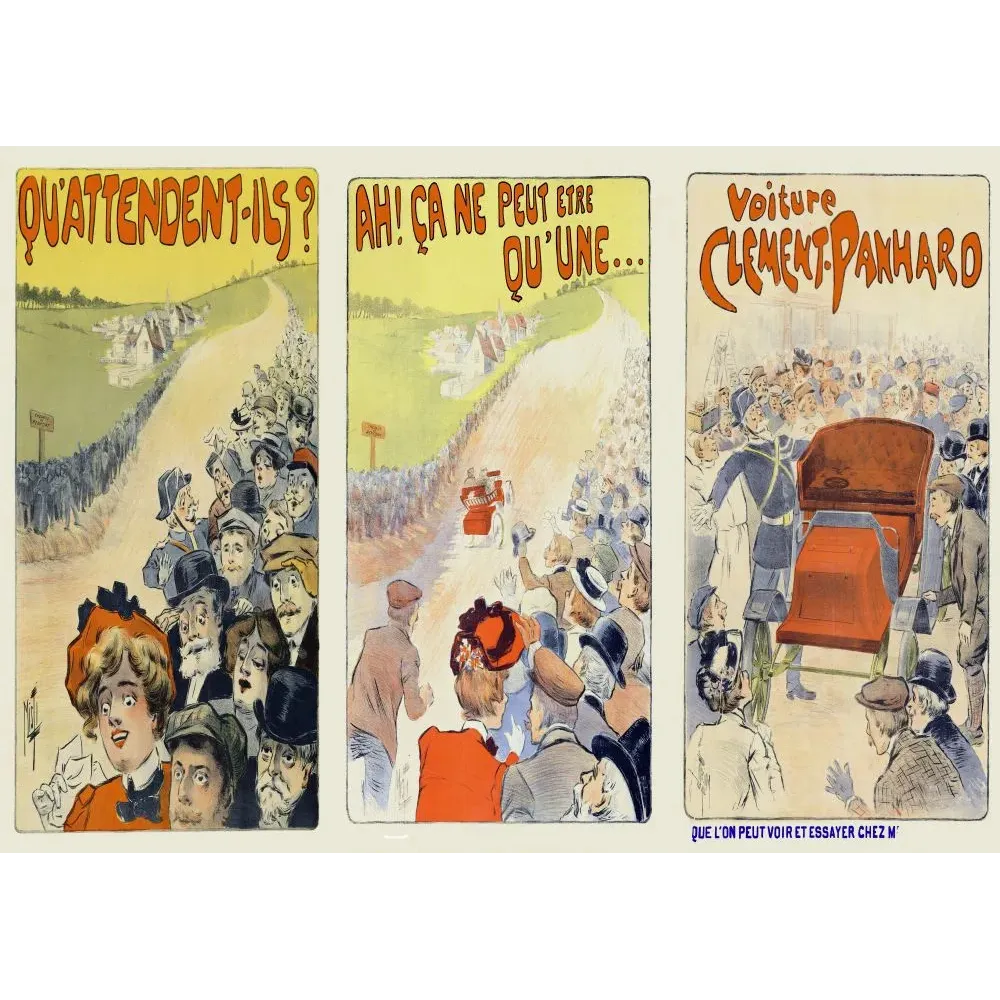 Affiche publicité Clément-Panhard triptyque foule route campagne arrivée automobile acclamations début XXe