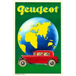 Affiche publicité Peugeot berline rouge globe terrestre bleu jaune fond vert Art Déco années 1930